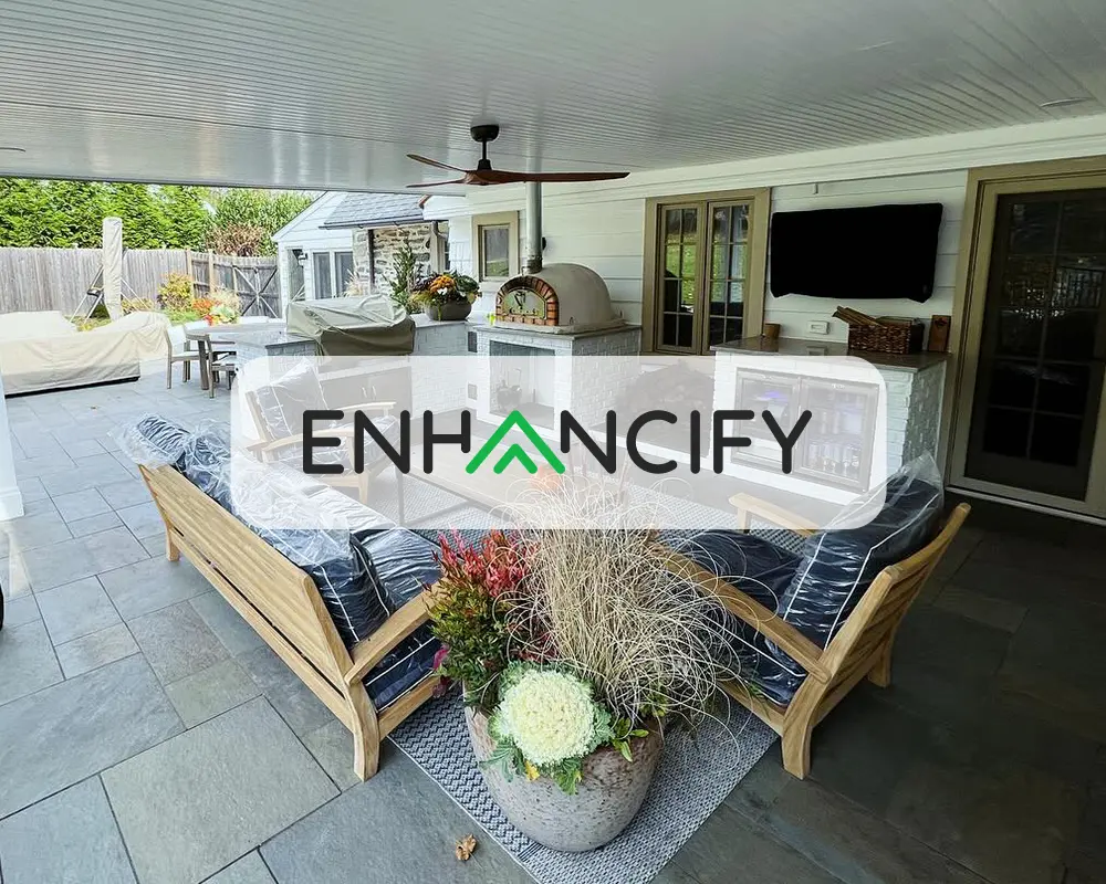 Outdoor kitchen with the Enhancify logo in the middle of the image