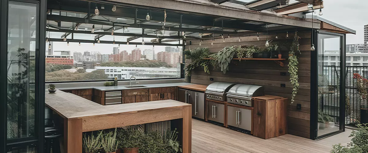 A rooftop patio and an open outdoor kitchen with sliding glass doors