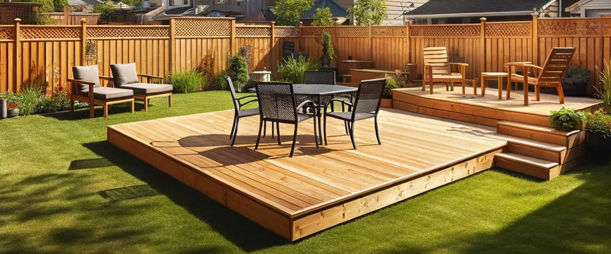 Modern wooden deck design with outdoor furniture and green lawn in sunny backyard