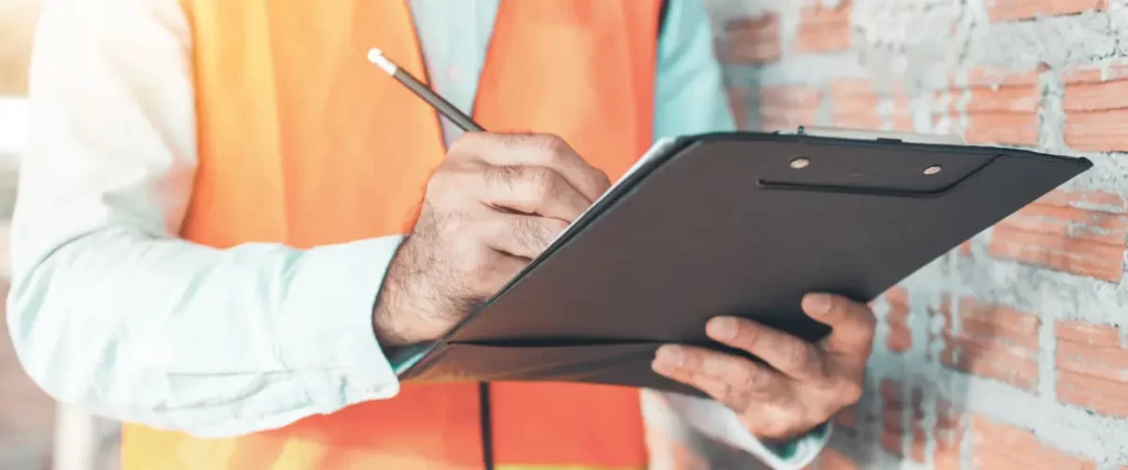 Construction inspector wearing a safety vest taking notes on a clipboard