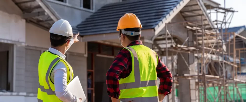 Two construction managers discussing a project on-site with scaffolding in the background