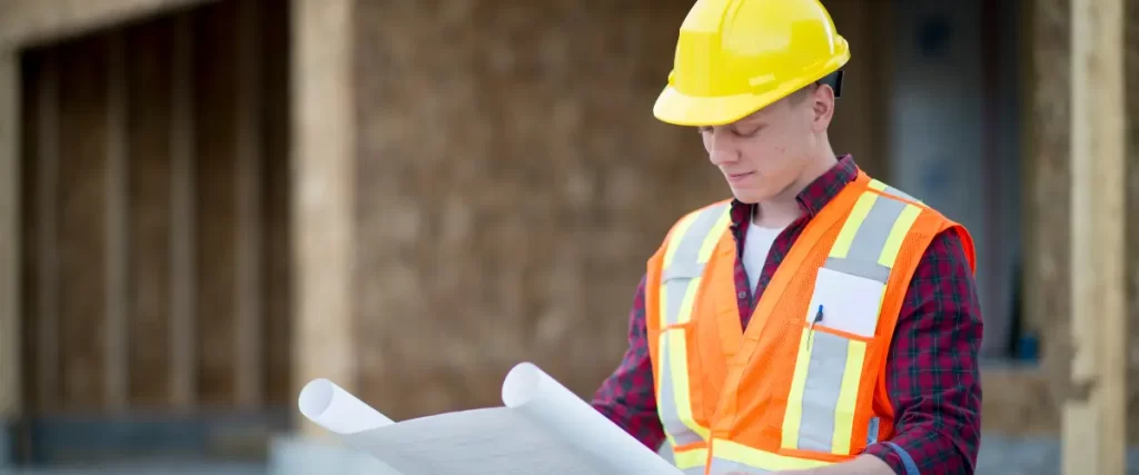 Construction worker in a hard hat reviewing blueprints at a job site