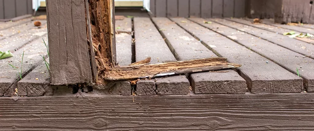 Close-up of a damaged wooden deck with severe wood rot, highlighting the need for deck repair and restoration services.