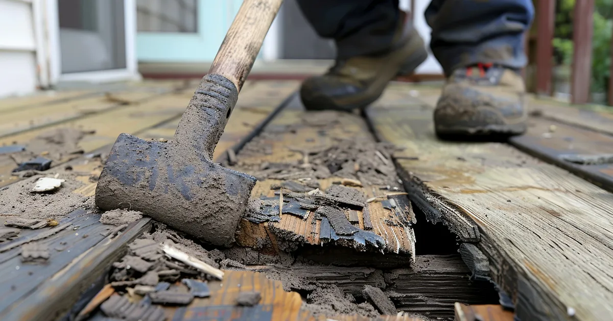 Close-up of deck demolition process showing hammer smashing through damaged decking during repair.