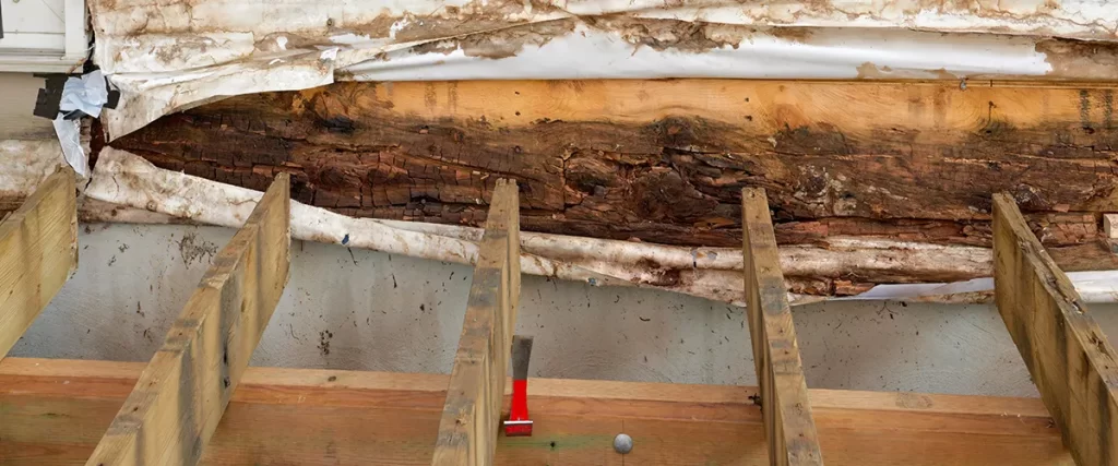 Severe wood rot discovered during deck repair, exposing structural damage behind removed exterior boards.